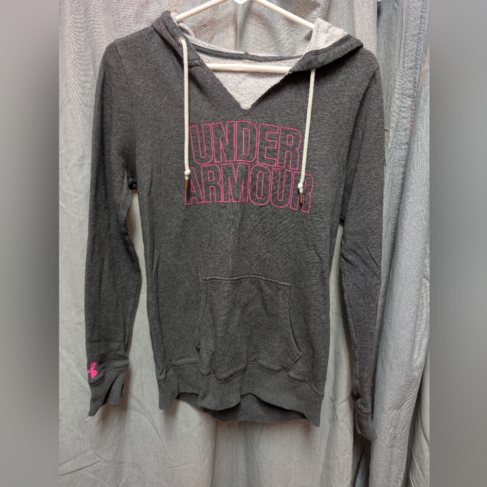 Under Armour Women's Charcoal Hoodie with Pink Lettering